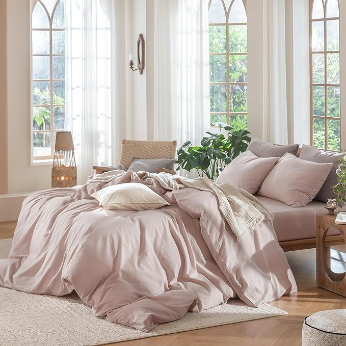 MooMee Bedding Duvet Cover Set 100% Washed Cotton Linen Like Textured Breathable Durable Soft Comfy (Heathered Greyish Pink, Palatial King/Oversized King 120"x98")