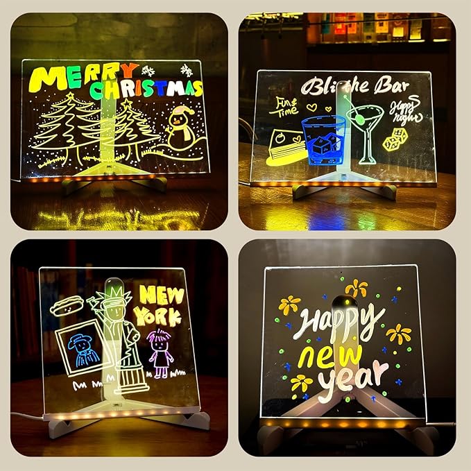 Led Note Board,Doodle Glow,Led Drawing Board for Kids,Acrylic Dry Erase Board with Light and 7 Colors Pens,LED Note Board with Colors for Office School Home (7.8x7.8 inches)