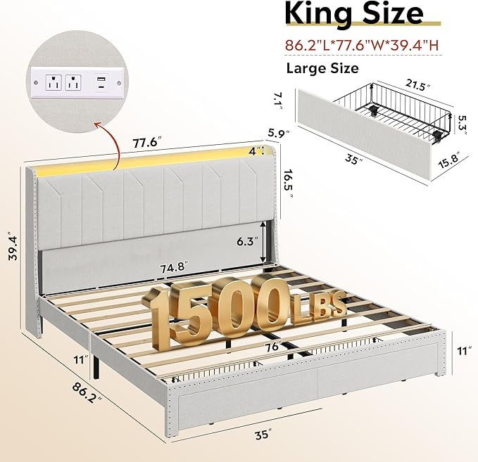 WLIVE King Size Upholstered Bed Frame with 2 Drawers, Linen Tufted Storage Headboard with Charging Ports and LED Light, Sturdy Metal & Wooden Slats Support, No Box Spring Needed, Beige