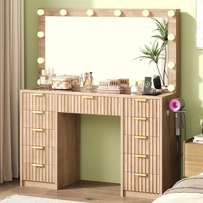 11 Drawers Fluted Vanity Desk with Glass Top, 47" Makeup Vanity with Large Mirror and 12 LED Lights, Dressing Table with Power Outlet for Bedroom, Natural