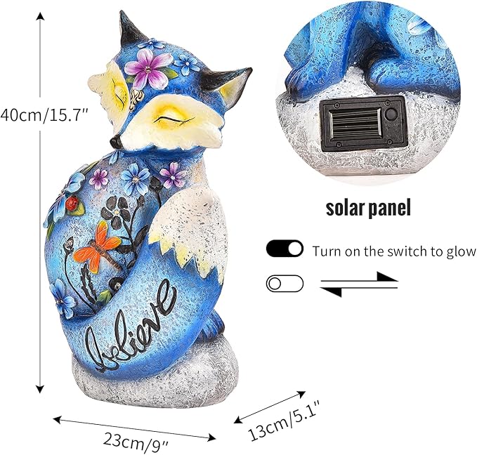 Sungmor Solar Garden Statue Fox Figurine with LED Lights, Solar Powered Resin Sculpture Yard Lawn Ornaments, Hand-Painted Outdoor Figurine Lights Decorations, Housewarming Gift