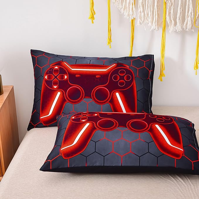 NTBED Game Console Comforter Set for Boys Girls Kids Geometric Lightweight Microfiber Bedding Sets (Red, Full 5Pcs)
