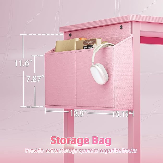 TIQLAB Gaming Desk 55 inch with Power Outlet and LED Light, Computer Desk with Reversible Shelves and Storage Drawer, Small PC Desk for Home Office Table with Bag, Carbon Fiber Pink