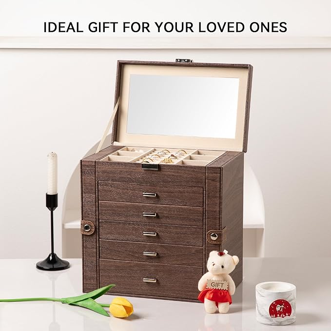Frebeauty Large Jewelry Box,6-Tier PU Leather Jewelry Organizer,Multi-functional Storage Case with Mirror,Accessories Holder with 5 Drawers for Necklace Bracelets Watches(Tree Brown)