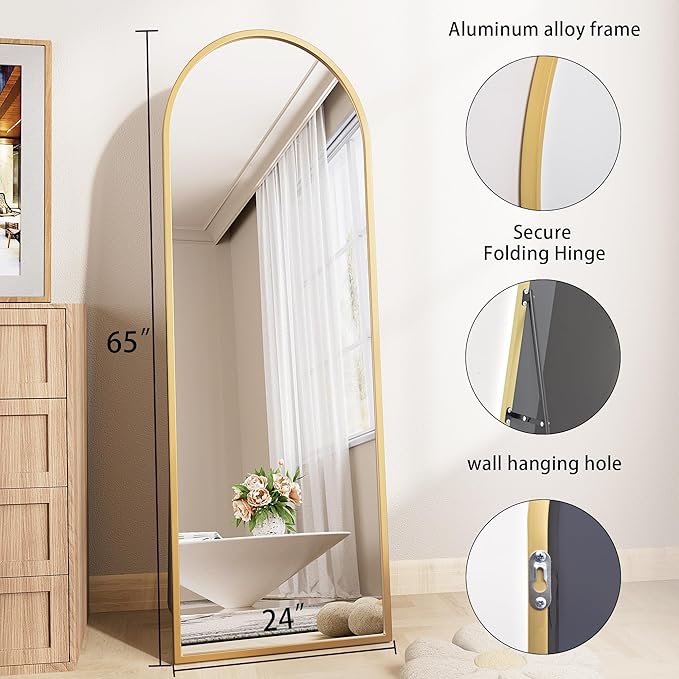Full Body Mirror,Full Size Mirror,65"x24"Gold Full Length Mirrors,Arched Full Length Mirrors,espejos para dormitorio(Gold)