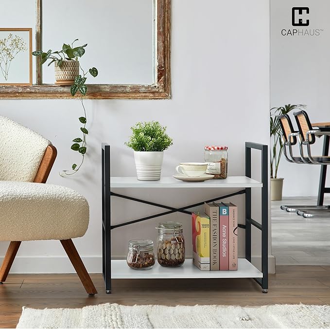 CAPHAUS 3 Tier Small Bookshelf, 24 Inch Width Free Standing Shelf, Bookcase Shelf Storage Organizer, Industrial Book Shelves for Home Office, Living Room, White Shelves & Metal Frame