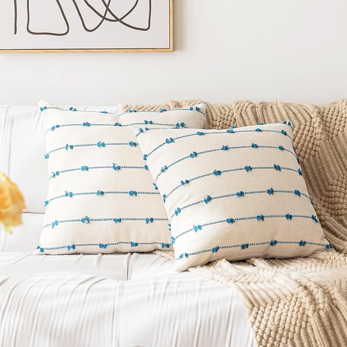 Boho Throw Pillow Covers 18x18 Set of 2 Modern Farmhouse Decorative Cushion Case Tufted Linen Square Pillows Cover Neutral Pillow Cases Accent Pillowcase for Sofa,Couch,Bed,Beige and Blue
