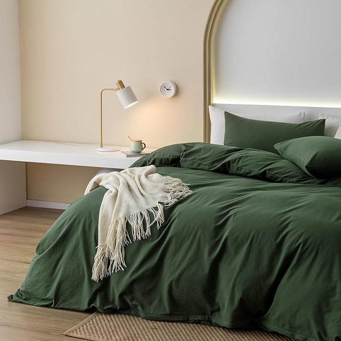 JIYUAN 100% Washed Cotton Duvet Cover Set 3 PCS Super King Plus, 1 Duvet Cover 120x120 Inches(Comforter Not Included) and 2 Pillowcases,Linen Feel Bedding Set Comfy and Breathable,Forest Green