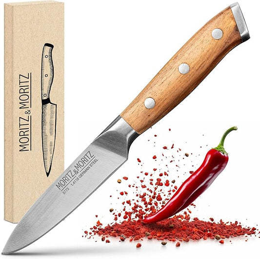 Moritz & Moritz 4-Inch Paring Knife, German Stainless Steel Blade with Acacia Wood Handle, Precision Fruit and Vegetable Knife, Small Kitchen Knife for Cutting, Peeling, Chopping