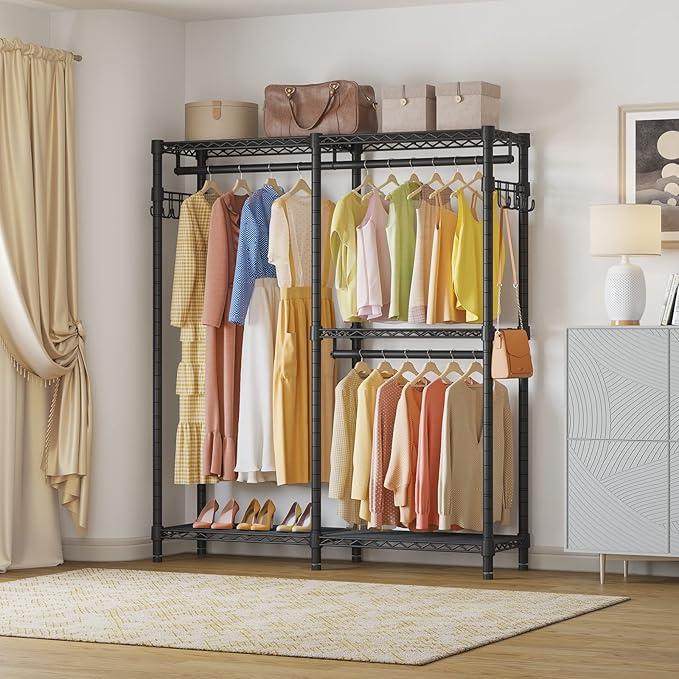 VIPEK V4 Heavy Duty Clothing Rack for Hanging Clothes 810lbs Load Capacity, Double Rod Garment Rack with Adjustable Shelves & Side Hooks, Metal Wardrobe Closet System Easy to Assemble, (Black)