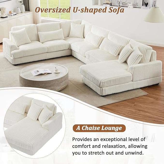 Oversized Sectional Sofa Modern U-Shaped Couch Upholstered in Soft Corduroy with a Chaise Lounge for Living Room