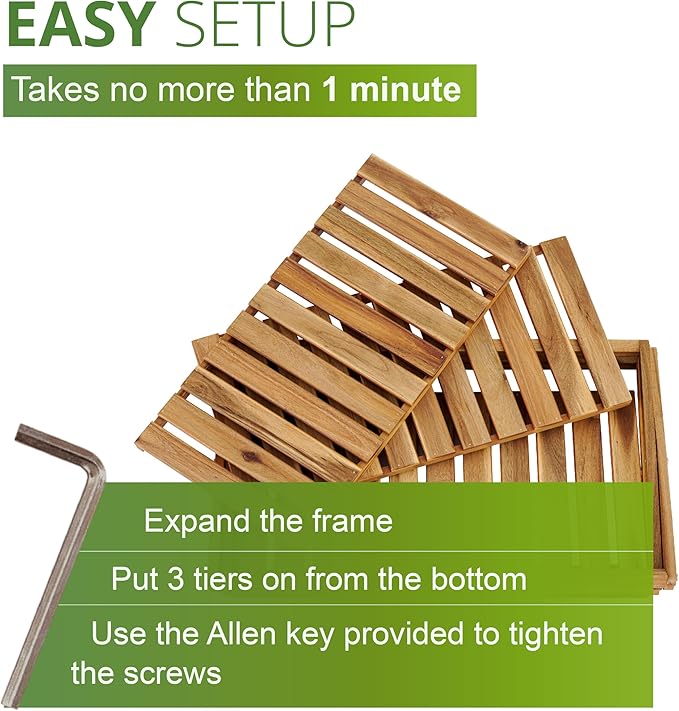 BEEFURNI Multipurpose Display Shelf Folding, 3 Tier Shelf, Acacia Wood Rack, Plant Stand Indoor, Wooden Shoe Rack, Vanity Bathroom Stand, Easy to Assemble, 1 Year Warranty