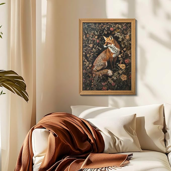 AKWISH Framed 3D Textured Vintage Wall Art - Dark Academia Decor Hand Drawn Sandstone Fox Paintings with Botanical Florals, Aesthetic Wall Decor for Living Room Bedroom Home 12x16 inch