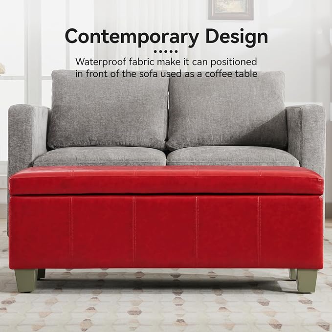 51" Faux Leather Storage Ottoman, Stitch Tufted Rectangle Upholstered End of Bed Storage Bench, Entryway Large Couch Ottoman with Wooden Legs,Red