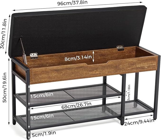 Shoe Rack Bench with Upholstered Cushion, Shoe Storage Bench with Adjustable Shelf and Hidden Storage Compartment for Hallway Entryway Living Room Rustic Brown (2-Tier)