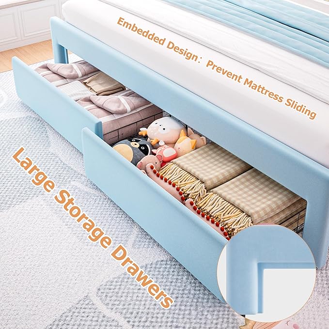 King Upholstered LED Bed Frame with 2 Storage Drawers and Adjustable Chic Double Wavy Headboard, Velvet Princess Platform Bed with Charing Station, Solid Wood Slats Support, No Box Spring Needed,Blue