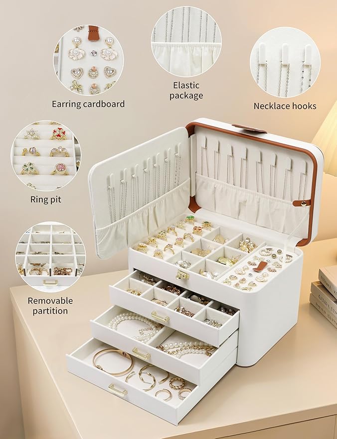 KAMIER Jewelry Boxes for Women, 4 Layer Jewelry Organizer with Mirror, 3 Drawers, Jewelry Storage Box, Christmas Gift, for Earring, Necklace, Bracelet, Ring, White