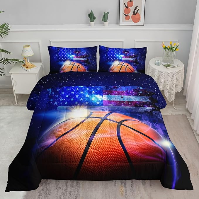 Kids Comforter Set Basketball Printed Pattern Bedding Set with 1 Comforter and 2 Pillowcases for Girls Boys Bedroom All Season(Basketball Full)