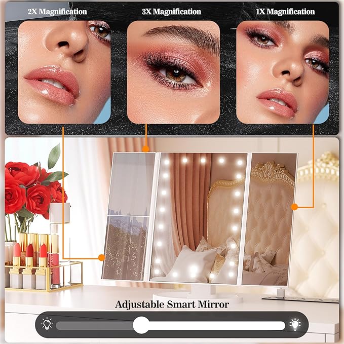 Cyclysio Vanity Desk with Mirror and Lights, 36'' Makeup Vanity Desk with Power Outlet, Small Vanities Set Dressing Table with Drawers for Bedroom, White