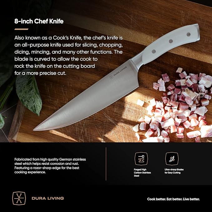 8-Inch Chef Knife – Ultra-Sharp German High Carbon Stainless Steel, Full Tang, Ergonomic Handle, Multipurpose Kitchen Knife for Chopping, Slicing, and Dicing, Cream