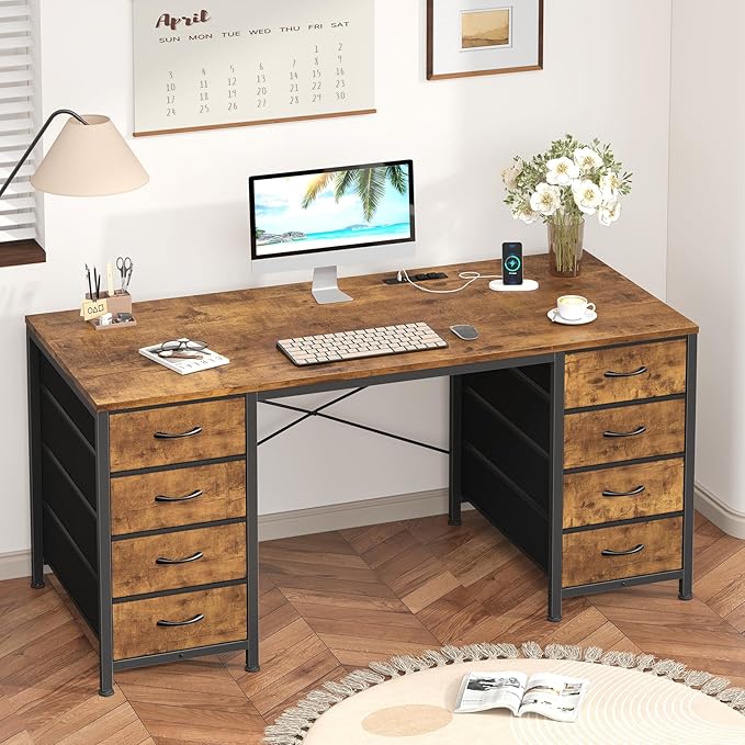 50 Inch Computer Desk with 8 Drawers, Home Office Desk with Power Outlets, Work Study Gaming Desk with 8 Fabric Drawers, Rustic Brown