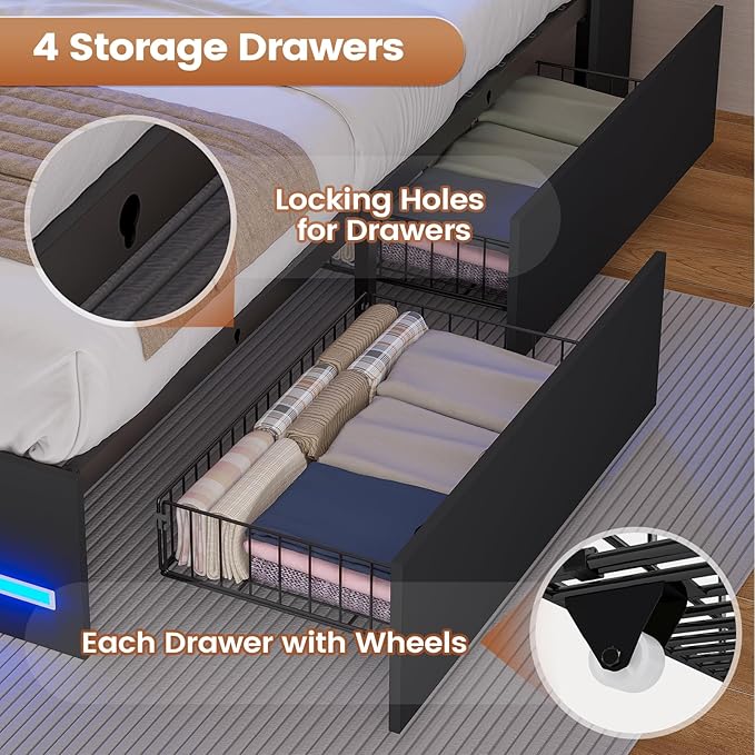AOGLLATI Full Bed Frame with Stylish Bookcase Headboard & Charging Station & LED Lights,Full Size Bed Frame with 4 Storage Drawers and Metal Slats, No Box Spring Needed,Black