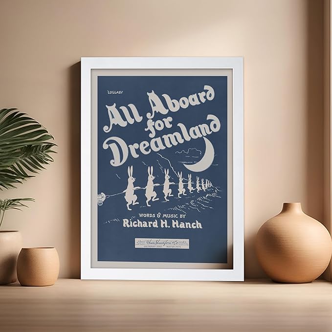 Poster Master All Aboard For Dreamland - Retro Children's Lullaby Print - Story Book Art - Bunny and Rabbit - Aesthetic Kid's Bedroom or Nursery Wall Decor, 16x20 White Framed