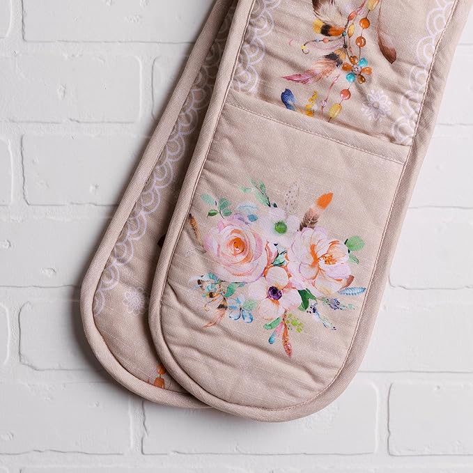 Maison d' Hermine Double Oven Mitts 100% Cotton 7"x35" Double Oven Mitt Heat Resistant BBQ Cooking Gloves with Loop, Baking, Grilling, Home, Kitchen, Handling Hot Pans Spring Summer (Ibiza - Beige)