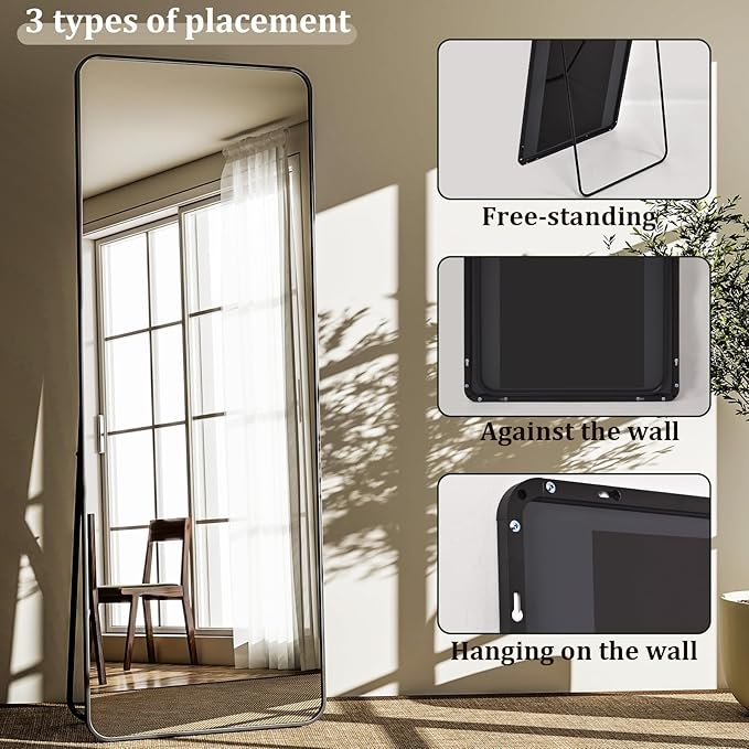 Round Corner Mirror Full Length, 66" x 23" Floor Mirror with Stand, Matte Aluminum Alloy Frame Full Body Mirror, Standing Hanging or Leaning for Bedroom and Living Room, Black