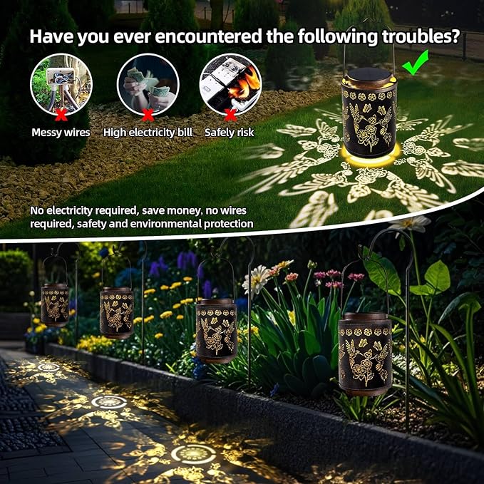 Upgraded Solar Hummingbird Lights for Outside Garden Decor Gifts for Women Mom Grandma, Metal Hanging Solar Lanterns Outdoor Waterproof with Copper Finish Lantern for Patio, Yard, Porch, Pathway