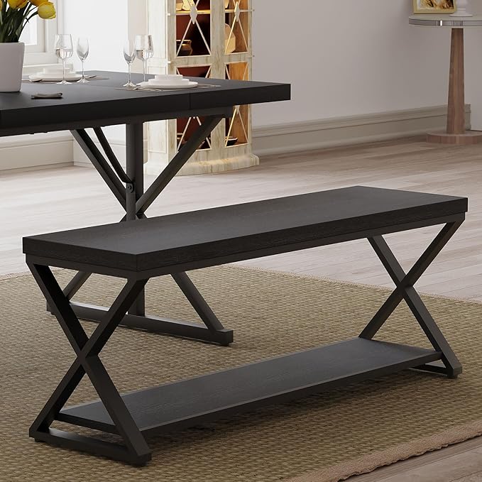 IBF Black Bench, Modern Entryway Bench for Bedroom, Wood Metal Storage Hallway Bench for Dining Living Room, Farmhouse Shoe Rack Indoor Accent Seating Bench for Foyer Entrance, Black Oak, 47 Inch Long