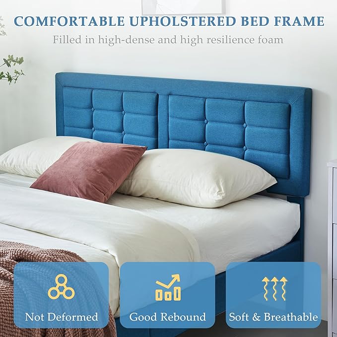 VECELO Full Size Bed Frame with Adjustable Headboard, Upholstered Button Tufted Platform Bedframe with Wood Slats Support, No Box Spring Needed, Aegean Blue