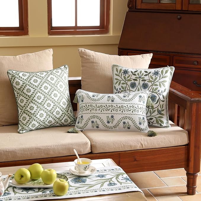 Design Fresh Linen Square Throw Pillow Covers 18"x18" Pack of 2, French White Cottage Cushion Covers with Green Branches Pattern Decoration Pillowcases for Bed,Living Room,Outdoor,Car