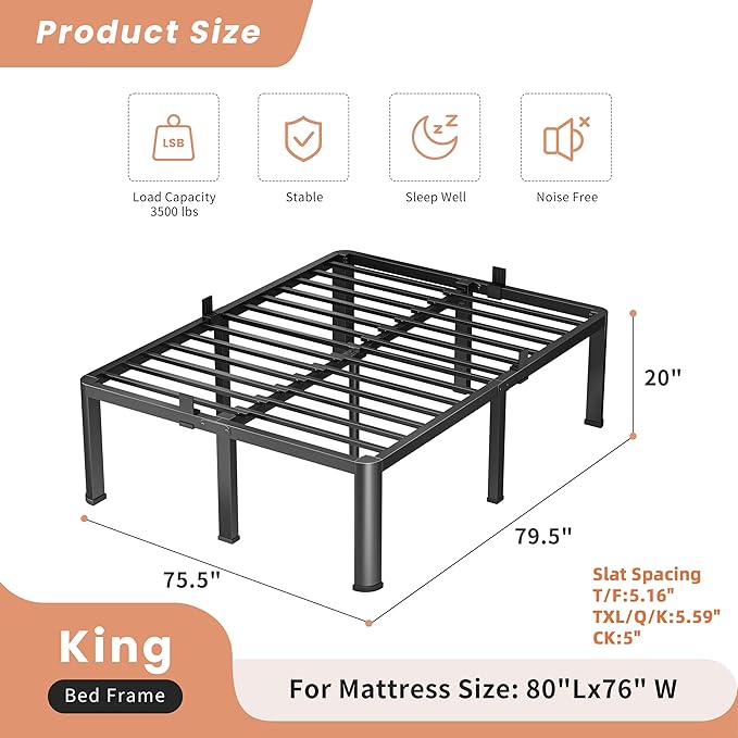 20 Inch King Heavy Duty 3500 lbs Bed Frame with Round-Corner Legs & Anti-Squeak Design – Quick Assembly Metal Platform, No Box Spring Needed