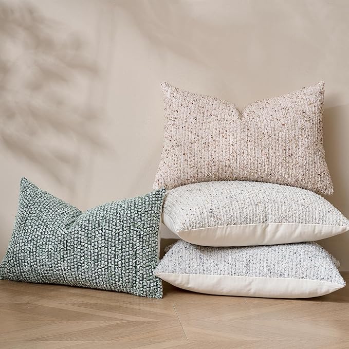DEZENE Striped Throw Pillow Covers 12x20 Set of 2 Green Textured Polyester Chic Morden Boho Accent Farmhouse Rectangular Lumbar Decorative Couch Pillow Covers for Home Decor Bed Sofa Living Room