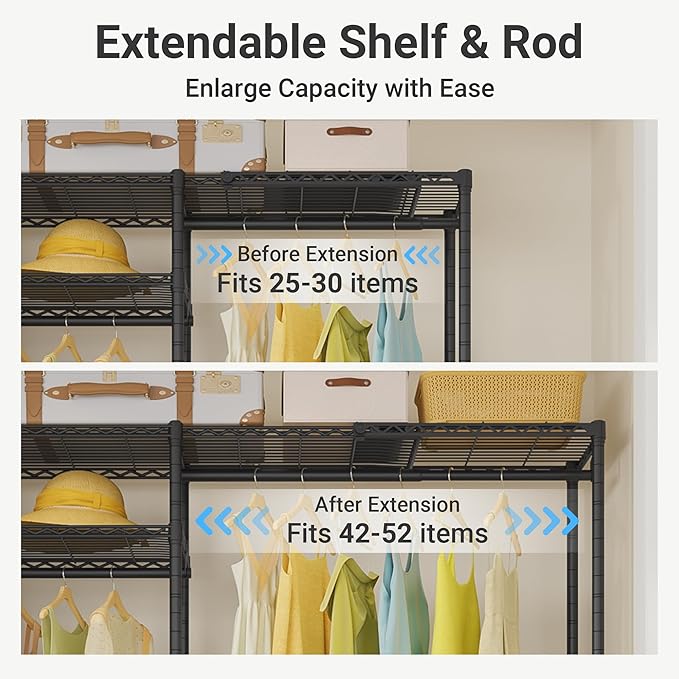 VIPEK X20 Plus Expandable Reach-in Closet Rack Adjustable from 3'9" to 5'2" Clothing Rack with Extendable Shelves and Hanger Rods Portable Clothes Racks Open Walk-in Closet System, Black