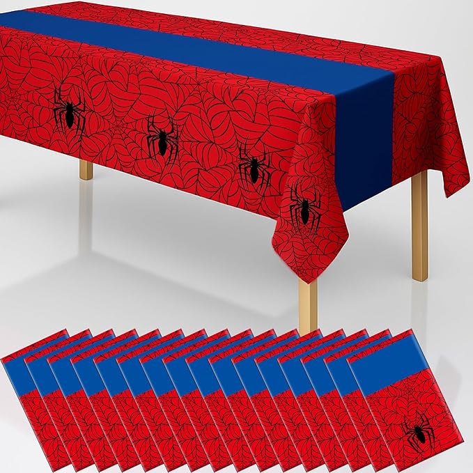 16Pcs 2in1 Spider Birthday Party Decorations Tablecloth, 54" x 108" Super Hero Table Cloth Disposable Rectangle Plastic Table Cover for Kids Baby Shower Wedding Party Supplies