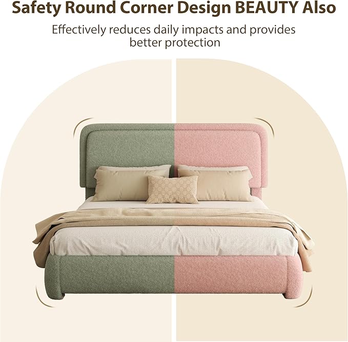 Full Bed Frame, Teddy Velvet Boucle Bed Frame with 43.3"/45.3" Adjustable Upholstered Headboard, Rounded Corners, Mattress Foundation, No Box Spring Required, Green