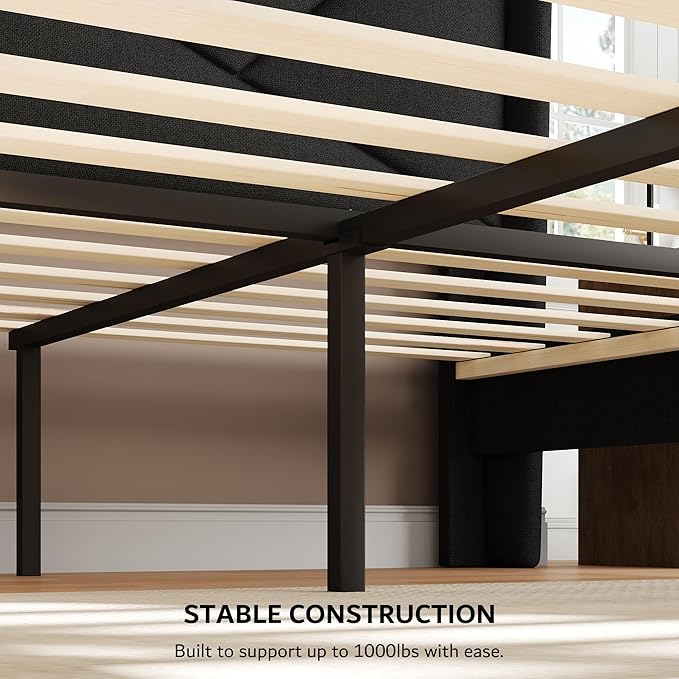 iPormis Queen Size Bed Frame with Charging Station, Linen Platform Bed Frame with Wingback Headboard Upholstered Bedframe, Solid Wood Slats Support, No Box Spring Needed, Easy Assembly, Black