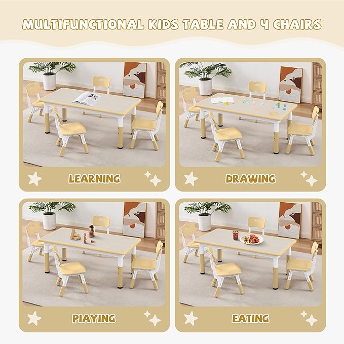 Adjustable Kids Table Chairs Set – Graffiti Desktop, Multi-Activity Height-Adjustable Toddler Study Desk for Ages 3-8 – Ideal for Home, Classroom, Daycare (W-Brown, 4 Chairs-47.2" L x 23.6" W)