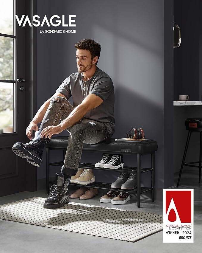 VASAGLE EKHO Collection - Shoe Rack Bench, Storage Bench for Entryway, Synthetic Leather with Stitching, Mid-Century Modern, Loads 300 lb, 11.8 x 39.4 x 19.7 Inches, Ink Black ULSB113B01