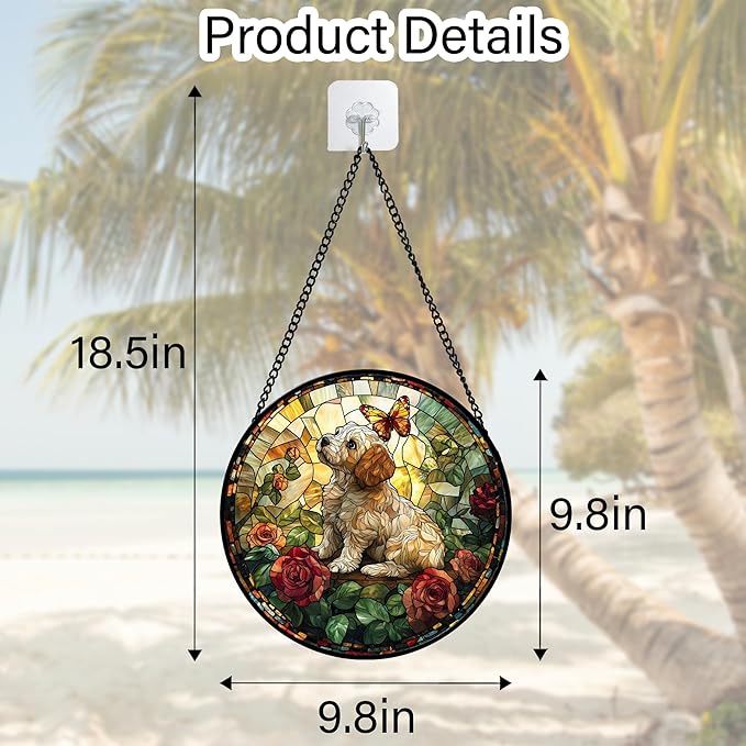 Stained Glass Window Hanging, Cute Dog and Flowers Suncatcher for Doors Home Butterfly Sun Catchers Decoration and Christmas, Mother's Day Birthday Gifts for Women, Men, and Mom 9.8 in