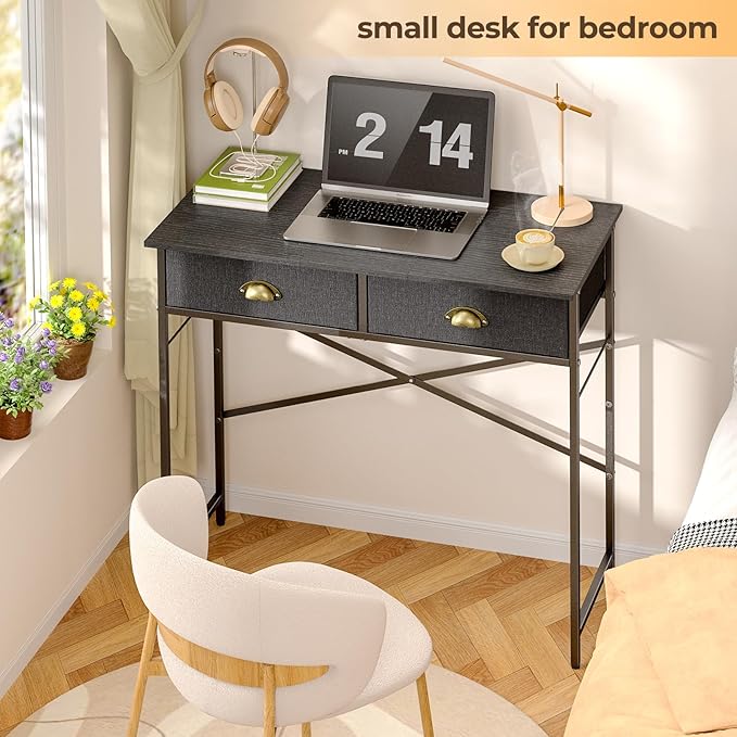Black Writing Desk for Kids Bedroom, 31.5 Inch Small Computer Desk for Small Spaces, Simple Desk with 2 Fabric Drawers for Home Office, Dorm, Living Room, Home Study Table, Black