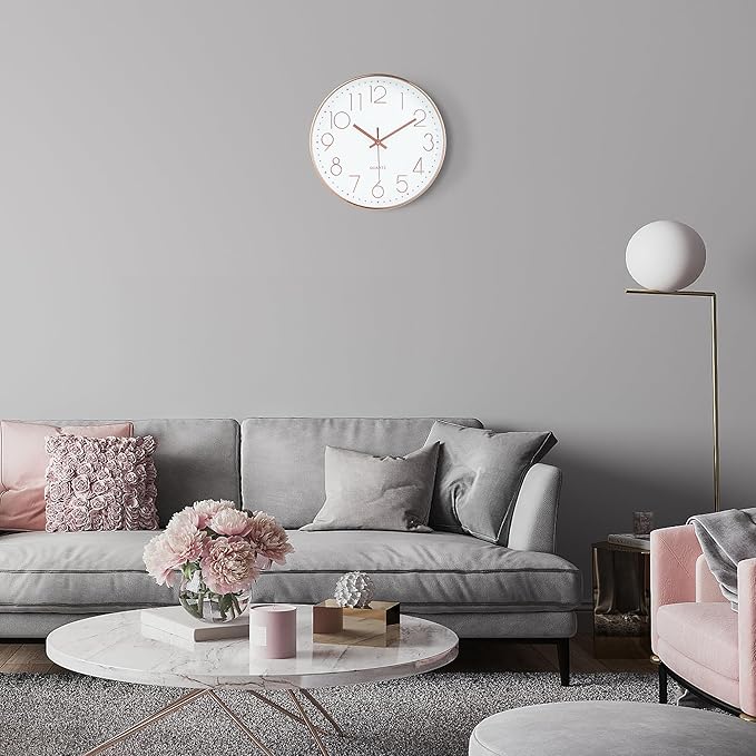 Lafocuse 12 Inch Silent Rose Gold Wall Clocks Battery Operated, Analog Wall Clock for Living Room Kitchen Bedroom Office Home Decor