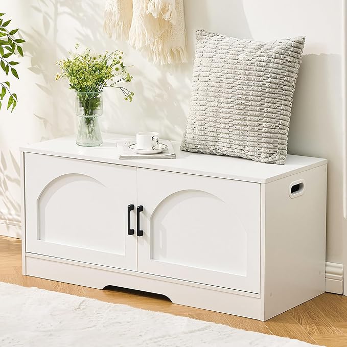 Shoe Bench, Entryway Storage Bench with 2 Doors, Shoe Rack Adjustable Shelves, Shoe Cabinet with Storage, 31.5" W x 13.8" D x 18.1" H for Entryway, Living Room, Hallway, Mudroom, Bedroom, White