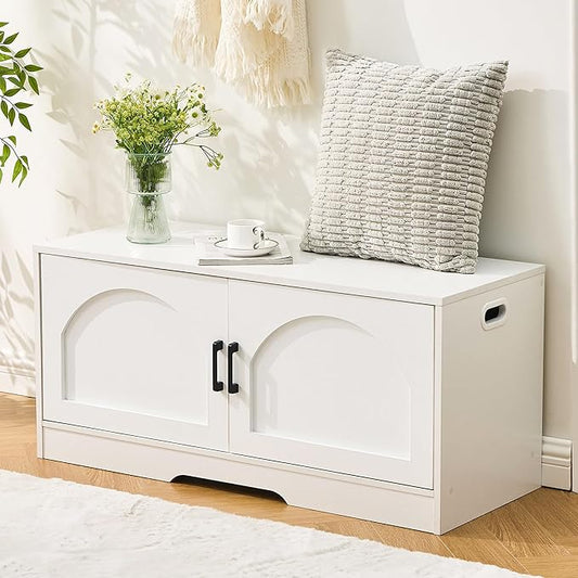 Shoe Bench, Entryway Storage Bench with 2 Doors, Shoe Rack Adjustable Shelves, Shoe Cabinet with Storage, 31.5" W x 13.8" D x 18.1" H for Entryway, Living Room, Hallway, Mudroom, Bedroom, White