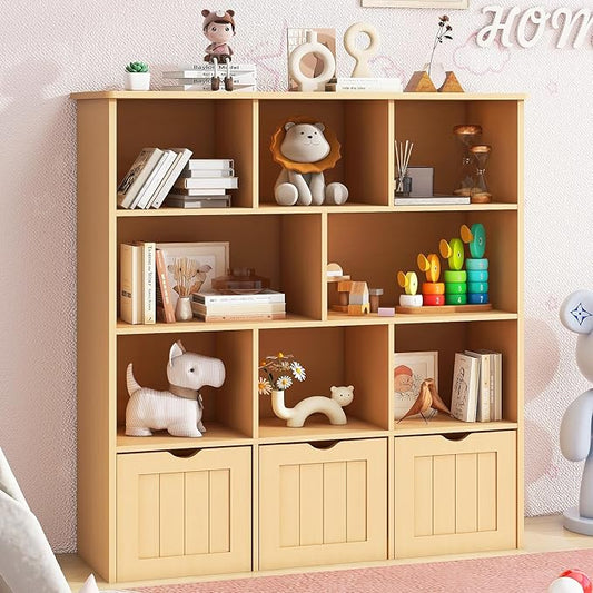 Toy Storage Organizer with Bookshelf, Large Toy Organizers and 3 Movable Drawers with Hidden Wheels and 8 Storage Cubbies, Kids Bookshelf and Toy Chest, Playroom Furniture, Oak