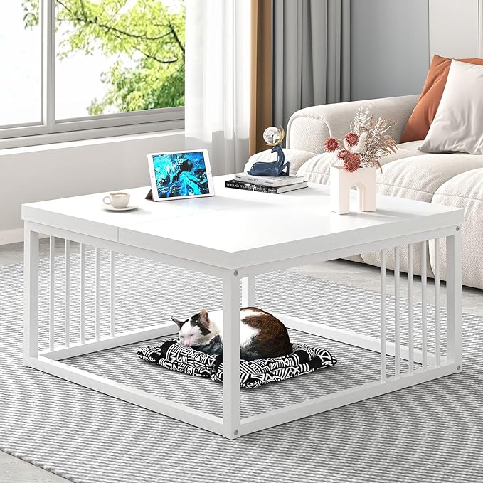 FOLUBAN White Coffee Table, Modern Rustic Wood and Metal Center Table, Industrial Simple Cocktail Tea Table for Living Room, 31.5 Inch