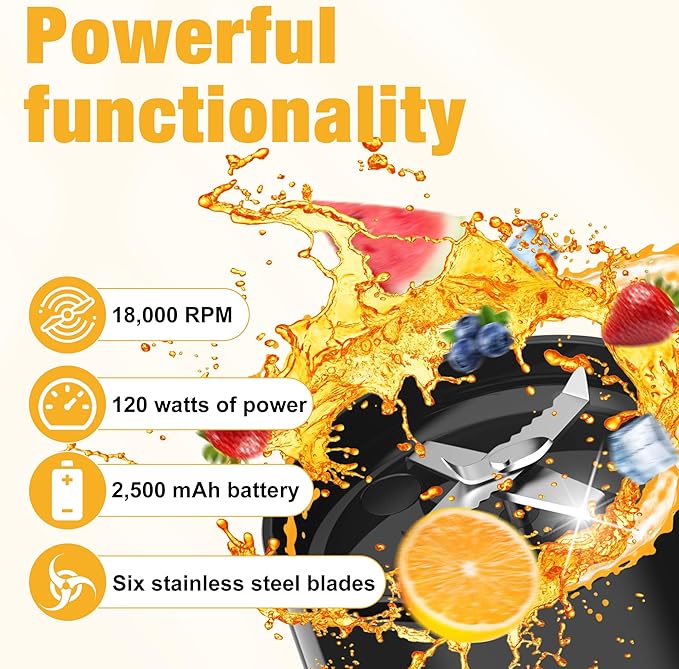 Portable Personal Blender 24oz Vacuum Cup Cordless Blender for 120 Watt Rechargeable Personal Size blender With Stainless Steel Bottle Ideal For-Shakes and Smoothies, BPA Free (Black）