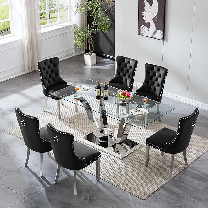 70" Modern Silver Glass Dining Table Set for 6, 7-Piece Rectangle Kitchen Dining Room Table Set with Steel Base & 6 Black Velvet Upholstered Chairs, Modern Glass Kitchen Table and Chairs Set of 6